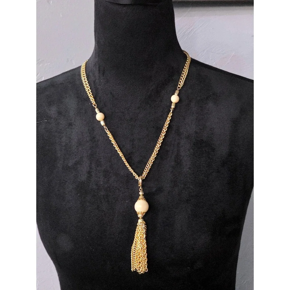 Park Lane Vintage Gold Tone Double Strand Tassel Necklace Cream Faux Pearl Bead‎